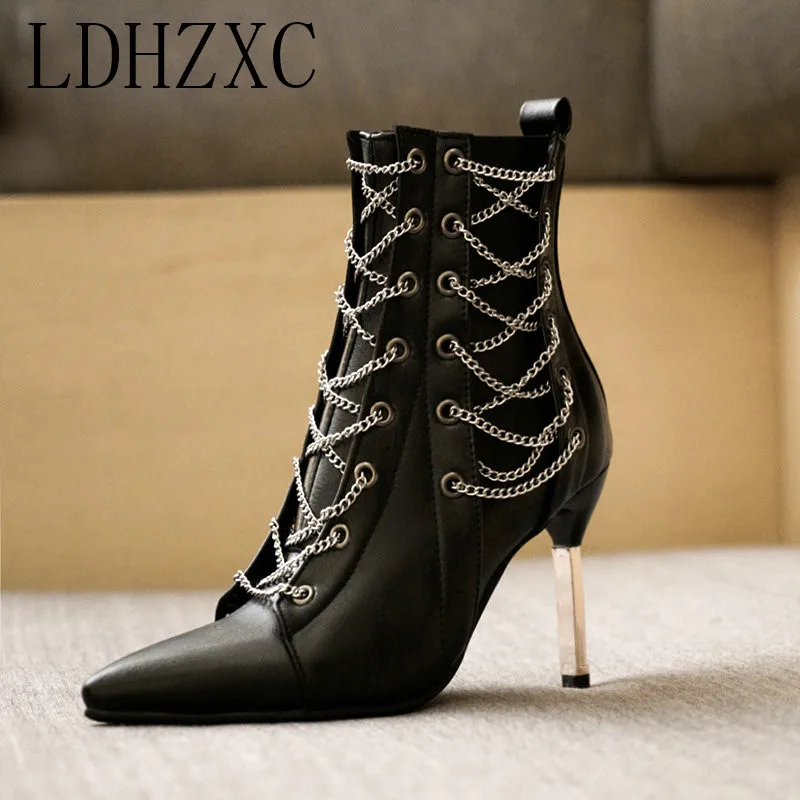 

LDHZXC Women Ankle Boots Plus Size 33-46 Thin High Heels Shoes Woman Zip Pointed Toe Sexy Motorcycle Boots for Females
