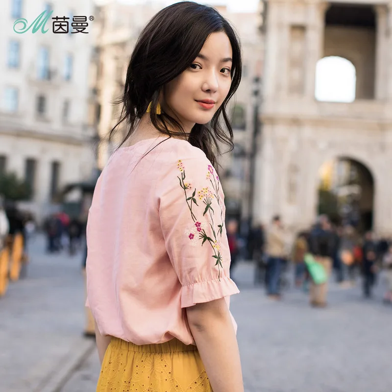 Inman Summer 2018 Woman Cotton Blouse Lotus Leaf Short Sleeve Tops Causal Embroidery Fresh Pink Woman Blouse