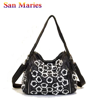 

San Maries Cowhide Flower Patchwork Bag Ladies Handbag Women Shoulder Bag Women Messenger Bag Female Crossbody Bag Tote 2019