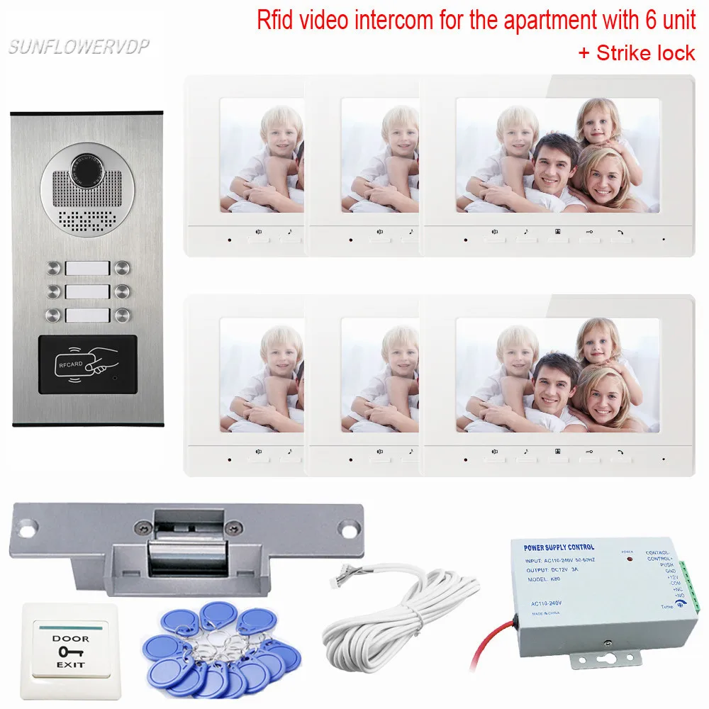 For 6 Apartment Videodoorphone With Electric Lock And Camera Video On-Door Rfid Ring Video Doorbell 7\ Clor Monitors System Unit