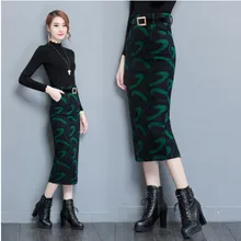 Новое Элегантное женское платье OL Офисная Рабочая одежда юбки с принтом корейские женские юбки осень зима облегающие длинные шерстяные юбки FW113
