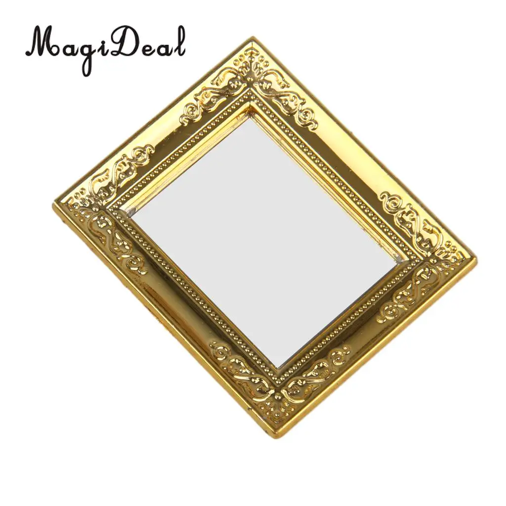 MagiDeal Fashion Design 1Pc 1/12 Scale Dollhouse Golden Frame Mirror for Dolls Miniature Bathroom Furniture Kids Classic Toy