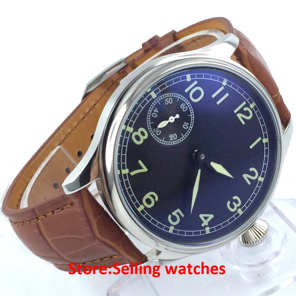 Parnis 44mm Black sterile dial green luminous 6497 hand winding men s watch