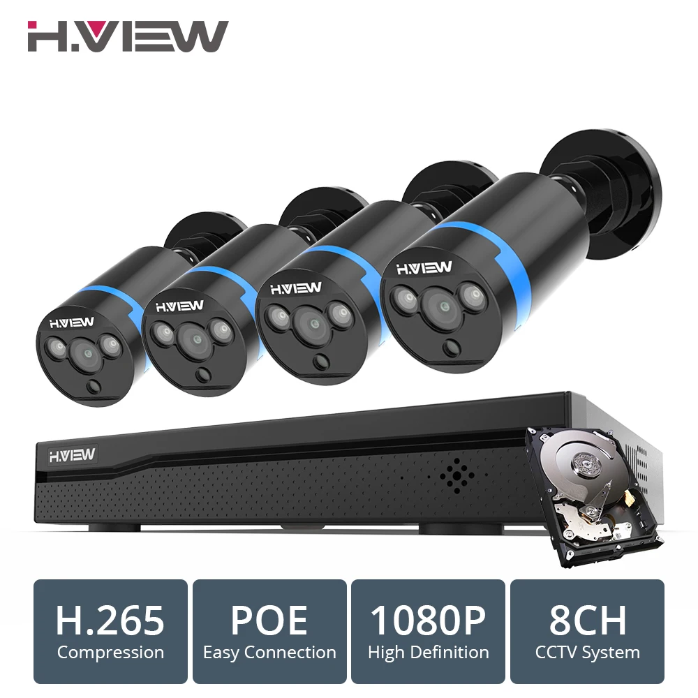 H. VIEW 8ch 1080 p CCTV Камера Системы PoE H.265 4 шт CCTV Камера Системы 2mp комплект видеонаблюдения PoE 48 V комплект видеонаблюдения