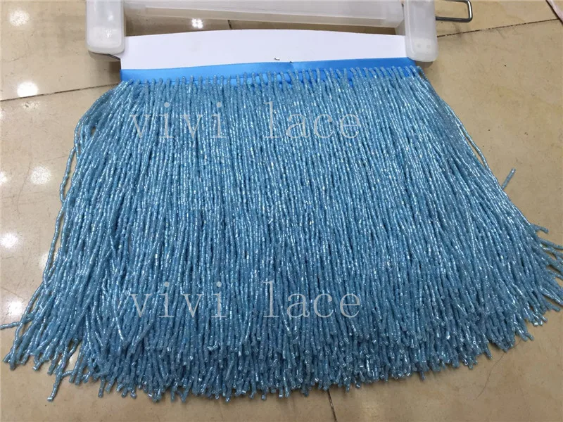 buy 5 yards bag fs049# blue color ribbon beads pearls tassel fringe 15 cm width for decoration dress fashion designer,