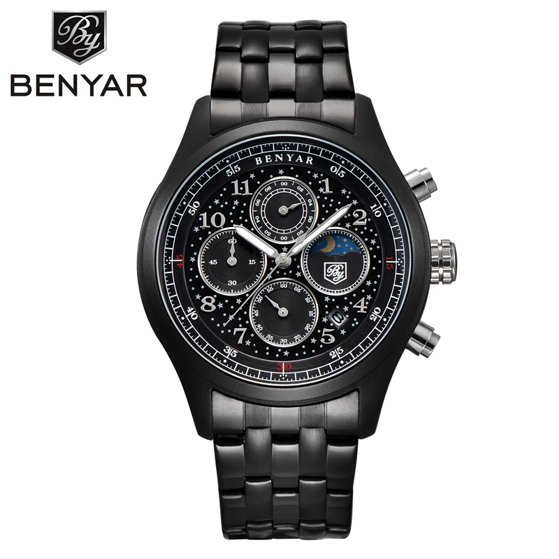 

Montre Homme BENYAR Stainless Steel Military Watch Men's Waterproof Black Moon Phase Chronograph Quartz Wrist Watch Clock Man