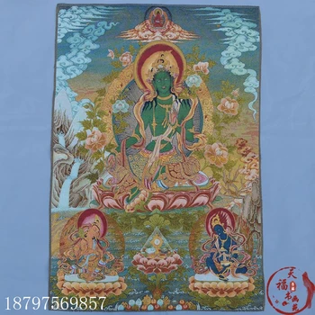 

Christmas Tangkazangka brocade silk painting embroidery Guanyin avatar green female lotus flower Guanyin Buddha Halloween
