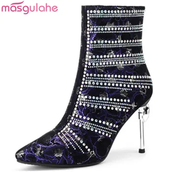 

Masgulahe 2018 fashion ankle boots for women pointed toe zip suede leather boots rhinestone elegant ladies prom boots size 33-41