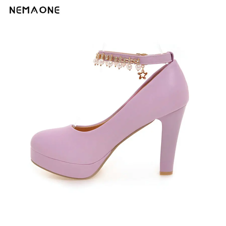 

NEMAONE Pu High Heels Women Pumps Decoration Platform round Toe Shallow Footwear Spring 2018 Fashion Ladies Shoes