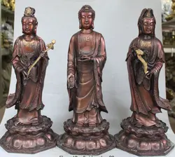 19 "Китайский Бронзовый Свинка Западной 3 Боги Гуань-инь Будда Шакьямуни Статуя Набор