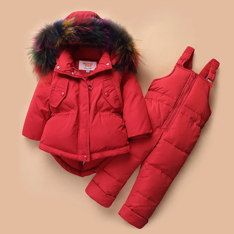 2018 Big Fur Collar Girls Down Jacket Suit Sets Winter Girls Warm Jacket+Overalls 2PCS Toddler Girls Hooded Baby Outerwear&Coat