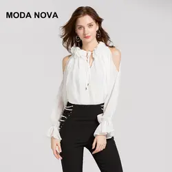 MODA NOVA дизайнерская Повседневная Блузка Для женщин пикантные оборки, открытые плечи длинные Фонари рукавом черный, белый цвет шифоновая