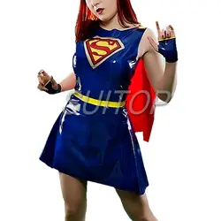 Новый пункт 100% резина природы Супермен Костюмы Латекс комплект с платьем для женщин Hollyhood униформы женщина