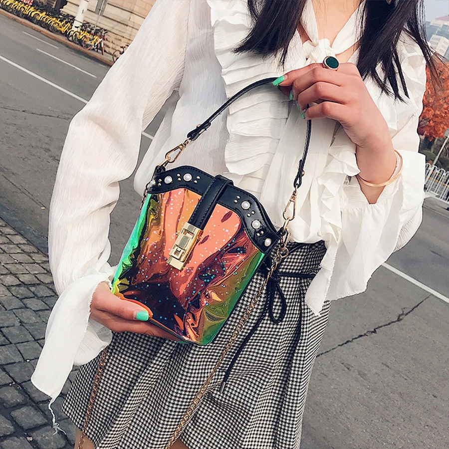 

Star Laser Jelly Bucket Bags Inlay Pearl Shell Females Bags Panelled Chains Women Messenger Bag Luxury Designer Woman Handbags
