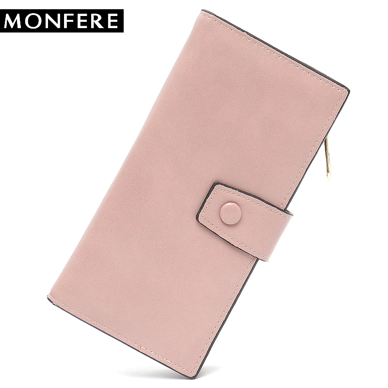 

MONFERE Color Fashion Long Wallet Vegan Leather Women Functional Cards Cash Zip Photo Holders Button Girl Coin Big Purse Wallets