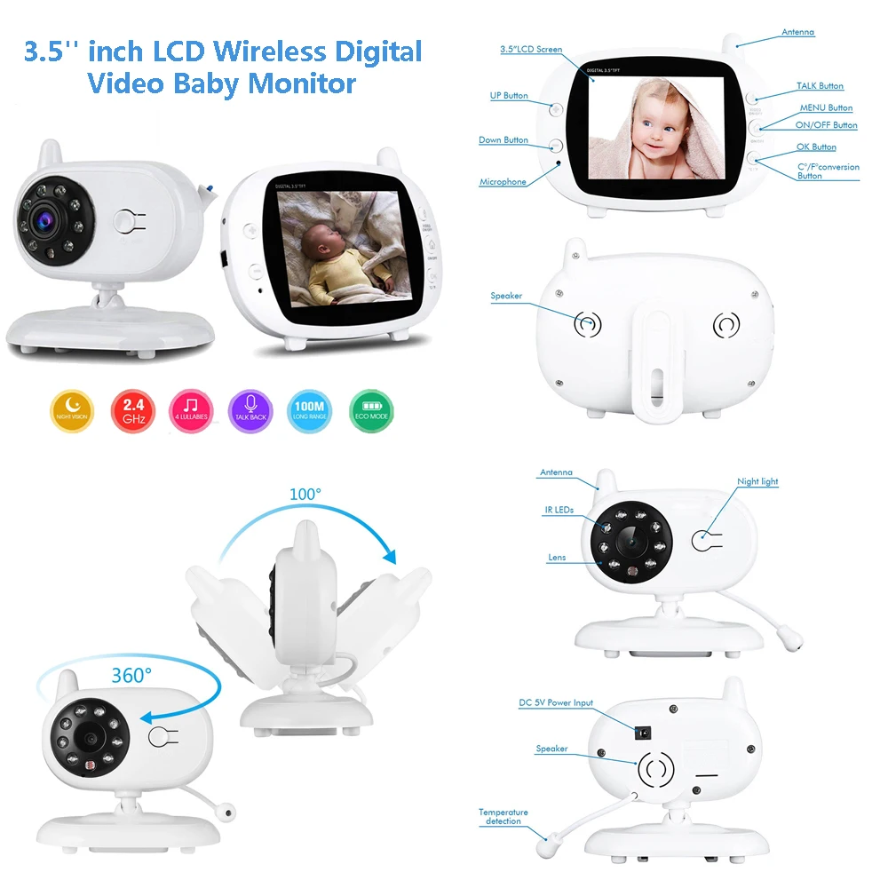  AUGIENB 3.5 inch WIFI Wireless Video Baby Monitor LCD Nanny Security IP Camera 300m Night Vision 2 