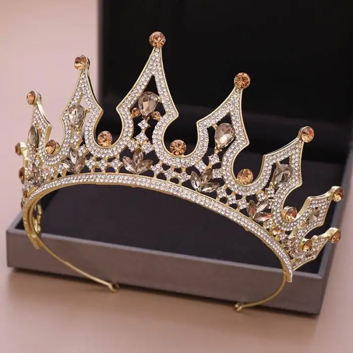 Роскошные винтажные Золотые Большие короны тиары со стразами королевские свадебные аксессуары для волос Королевская Принцесса Пышные