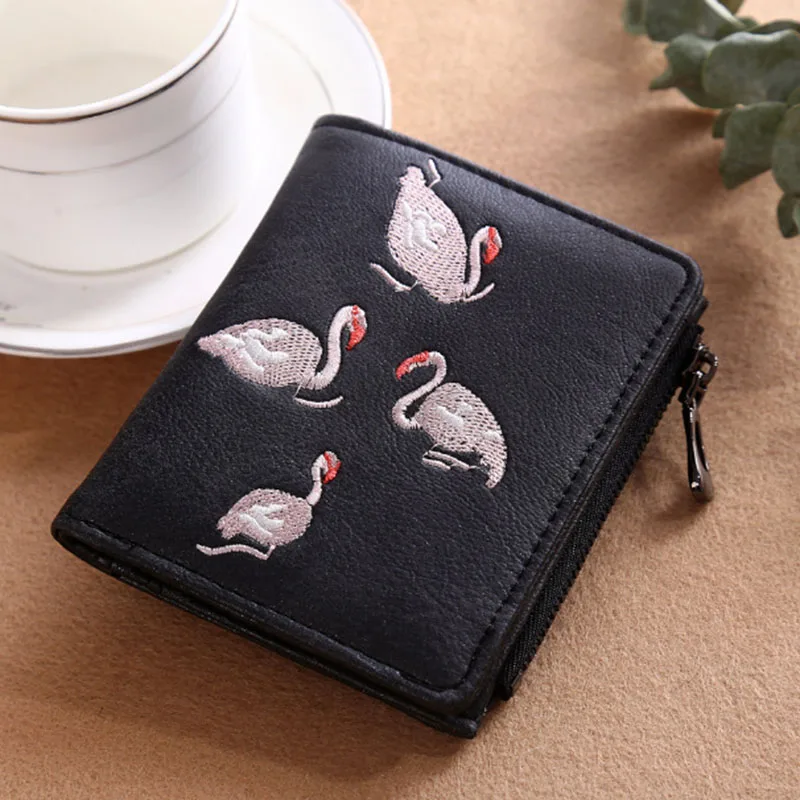

New Style Women Lady Short Purse PU Leather Zipper Swans Embroidery Card Holder Coin Pouch Clutch Money Bag