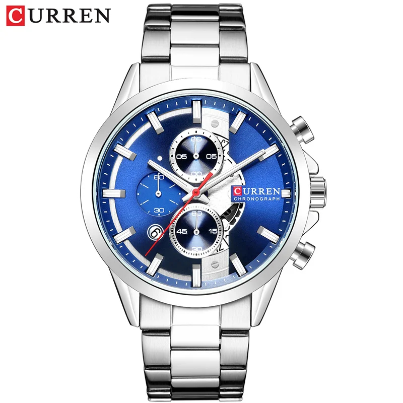 CURREN Модные дизайнерские часы для мужчин Роскошные Брендовые мужские Часы повседневные спортивные наручные часы с хронографом часы из нержавеющей стали - Цвет: silver blue