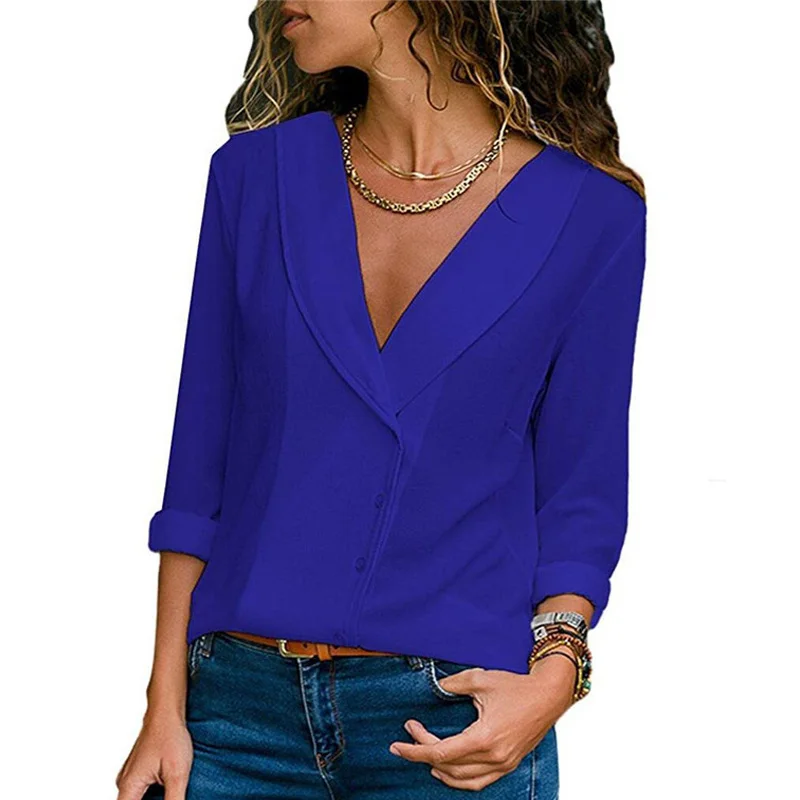 

2019 Summer Solid Long Sleeve Women's Shirt V-neck Chiffon Blouse Women Tops White Shirt Lady Blouse Shirt Female Blusas Camisa