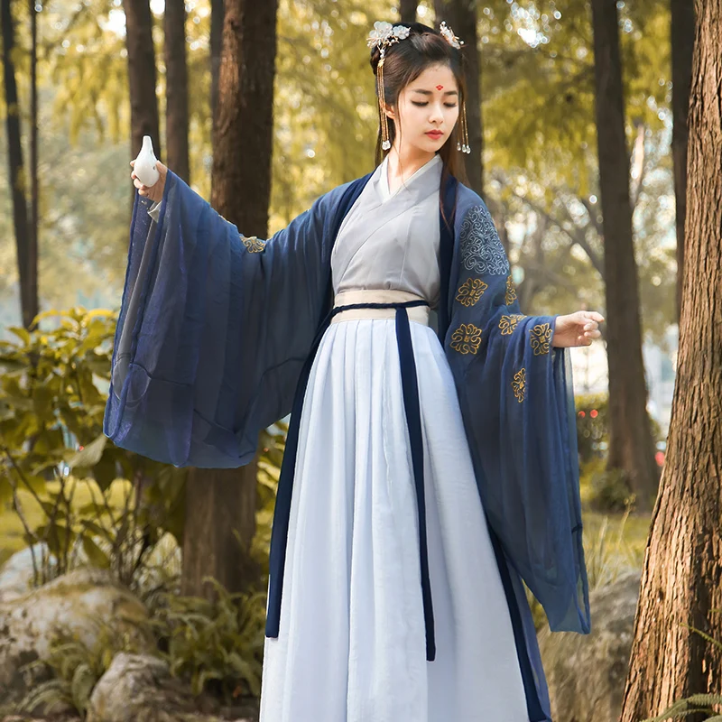 Платье Hanfu Женская традиционная китайская одежда с большим рукавом юбка вышитая