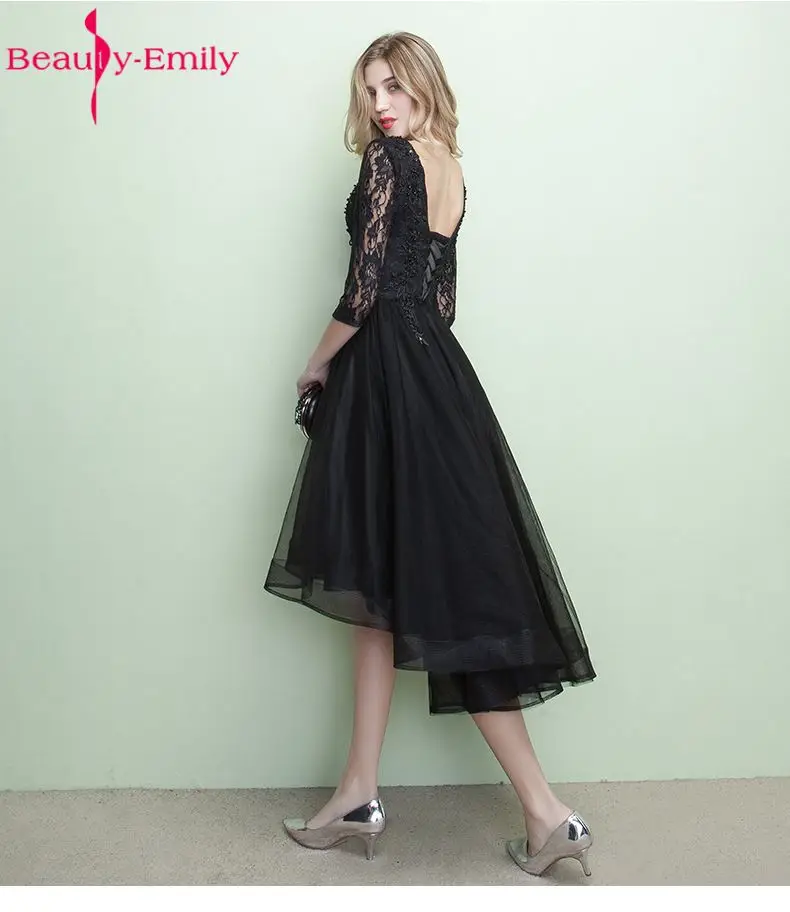 Асимметричное черное платье подружки невесты Beauty Emily 2017 кружевное с открытой