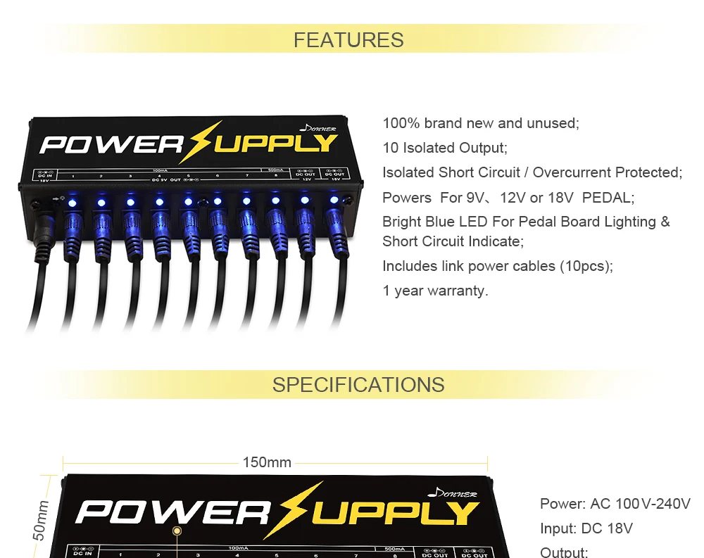 Donner гитарный эффект педаль питания комплект 10 изолированный DC Выход 9 в 12 В 18 в педаль напряжение короткого замыкания Защита от перегрузки по току