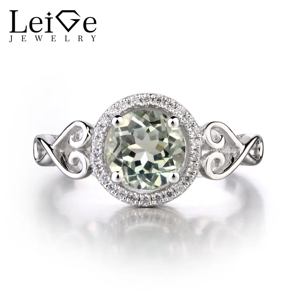 Leige Jewelry Natural Green Amethyst 925 Sterling Silver Ring Round Cut Fine Gemstone Promise