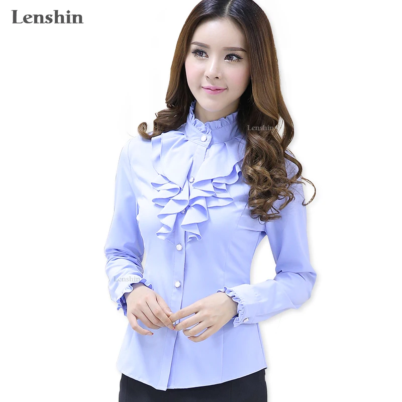 Lenshin Blue Blouse Fashion Style Female Casual Shirt Elegant Ruffled Collar Office Lady Tops Women Wear Hot Sale