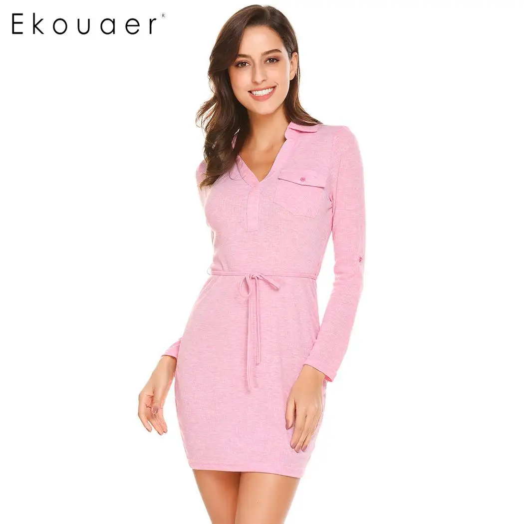 

Ekouaer Women Lounge Dress Sleepwear Turn-down Collar Long Sleeve Solid Package Hip Slim Bodycon Nightgown Nightwear
