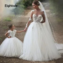 Восьмилетние свадебные платья в стиле бохо с аппликацией для матери и дочери, с круглым вырезом, кружевные свадебные платья в Дубае, свадебные платья с длинным рукавом