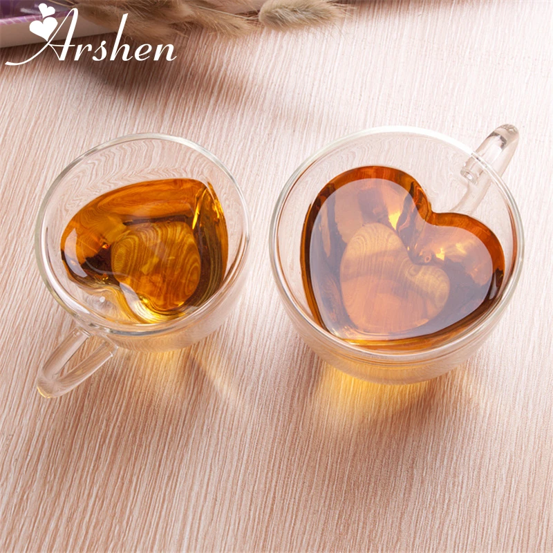 Arshen 240/180 мл Двойная Стенка чайная чашка жаростойкая креативная в форме сердца двойная стеклянная кружка Чайные чашки сок молоко кофе кружки подарок