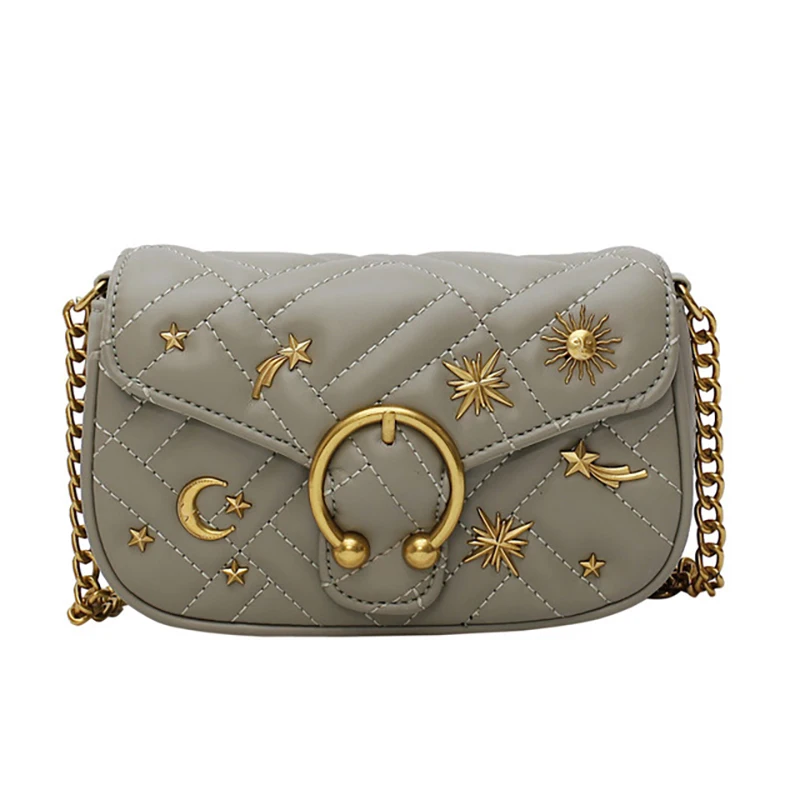 

Solid color plaid stars moon decoration foreign gas Korean version of high quality PU leather woman shoulder bag Messenger bag