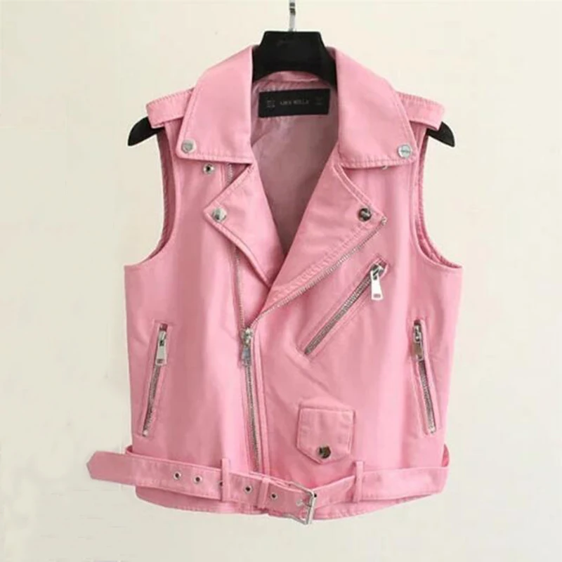 

2017 Fashion Cropped Sleeveless Biker Jacket Female Waistcoat Motorcycle Women Leather Vest Pink White Black