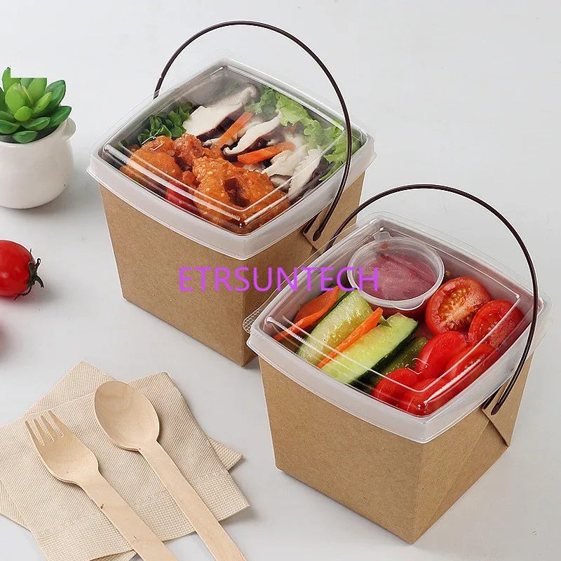 100pcs/lot Double-deck Kraft Paper Lunch Box with Handle Creative Take-out Oil Proof Snack Picnic Box Party Dinnerware