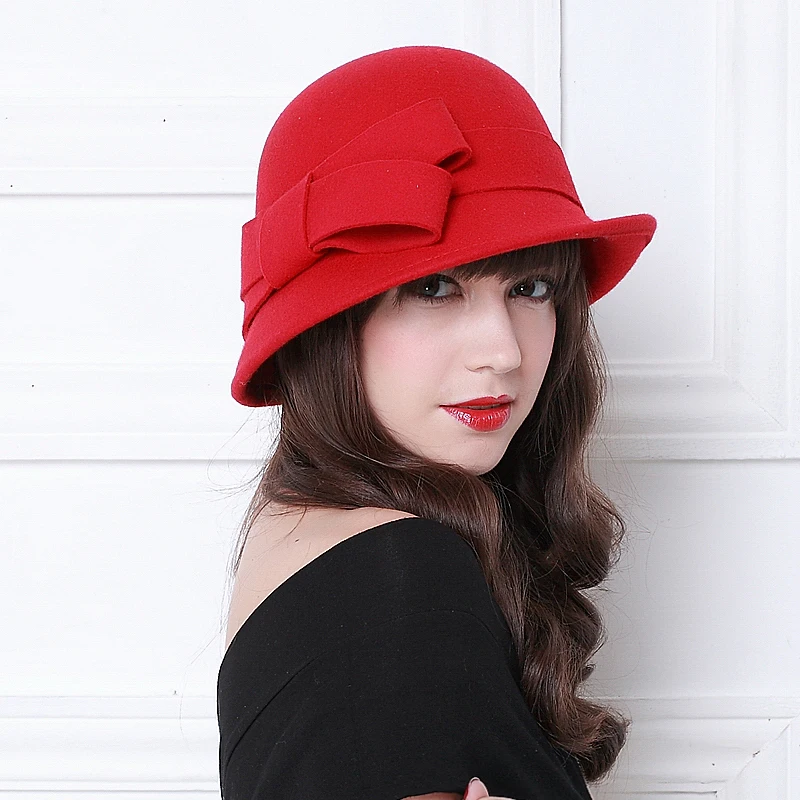 Autumn Winter Wool Hats for Women Noble European American Bow Vintage