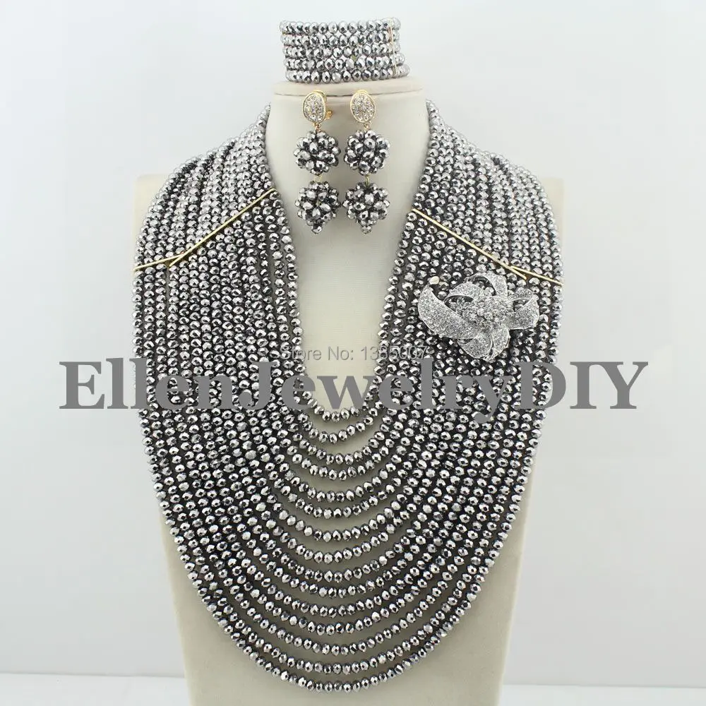 

New Arrival 15 Rows African Beads Jewelry Sets Nigerian Wedding African Jewelry Sets Crystal Jewelry Set W8302