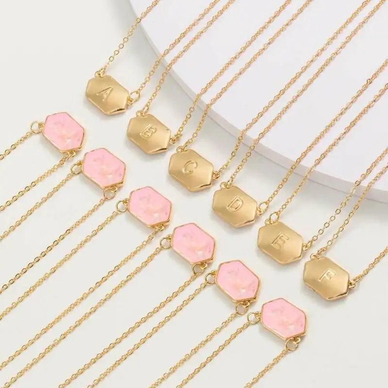 

Double Sided 26 Letters A To Z Pink Hexagon Resin Shell Silver Gold Metal Color Necklace Women Geometric Body Jewelry