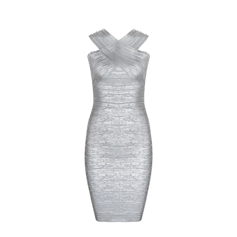 

2017 summer luxcury brand clothing foil print women bandage dress Hl herve bodycon celebrity vestidos backless silver dresses