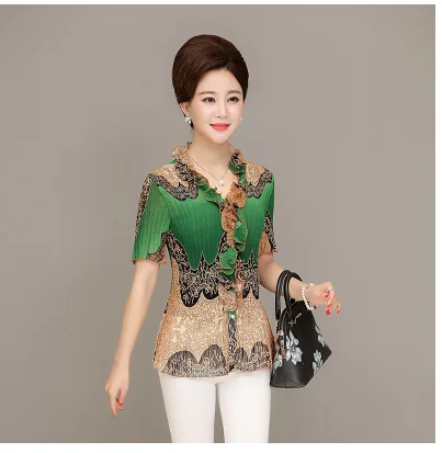 Для женщин среднего возраста летний топ шифоновая блузка рубашка с коротким рукавом со складками принтованной горловиной размера плюс свободная модная блузка для женщин R205 - Цвет: Зеленый