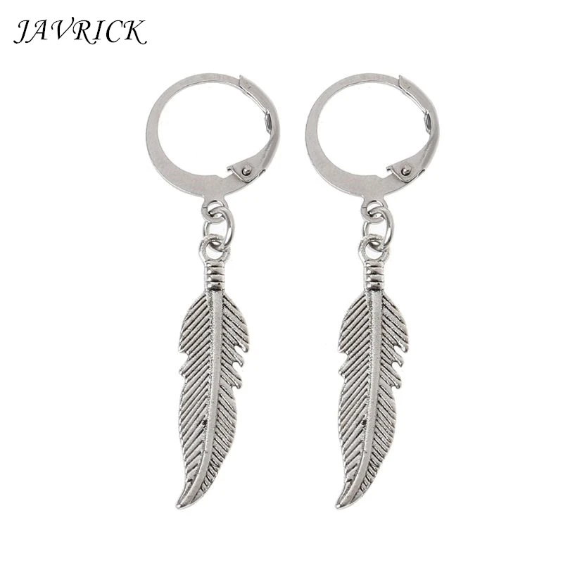 

Vintage Leaf Titanium Steel Feather Pendant Hoop Earrings Korean Jewelry Unisex