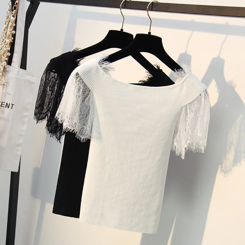 

Summer Lace Patchwork Slash Neck Ice Silk Knitted T Shirt For Women Slim Elegant Female New 2019 Ladies Casual