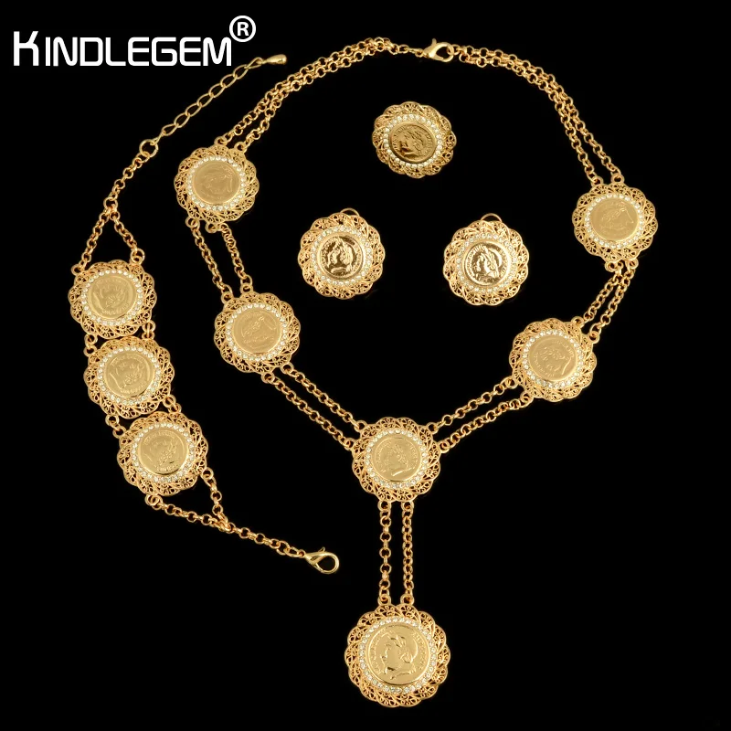 

Kindlegem Fashion Vintage Tassel Pendant Necklace Earring Bracelet Ring Set Crystal Rhinestone Gold Coin Jewelry Set For Women