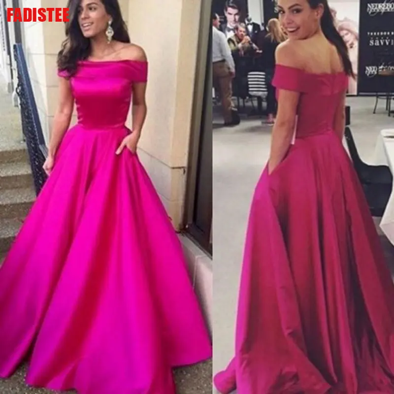 Off The Shoulder Long Dress Evening Dress Lace Robe De Soiree Longue Formal Dress Burgundy A-line Simple Satin Pocket gold prom dress Prom Dresses