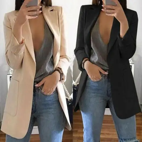 Hot Womens Long Sleeve Vintage OL Slim Fit Formal Long Blazer Spring Autumn Elegant Pocket Solid Suit Jacket Coat Casual Outwear