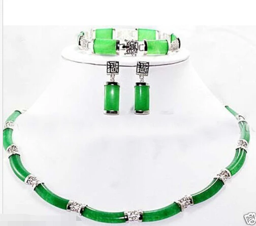 

FREE SHIPPING>>@> New Jewelry Green Jade Link Necklace Bracelet earrings set Natural jewelry