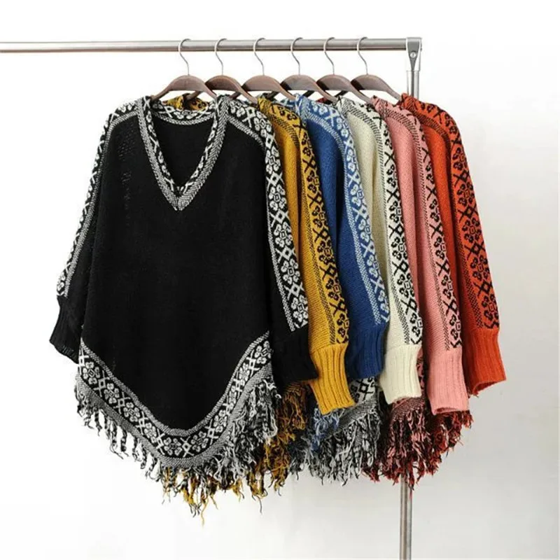 

Tassel splice Cape Sweater Women Spring Autumn Fashion V-neck Bat sleeve Pullover Sweaters National style Knitted Sweaters H739