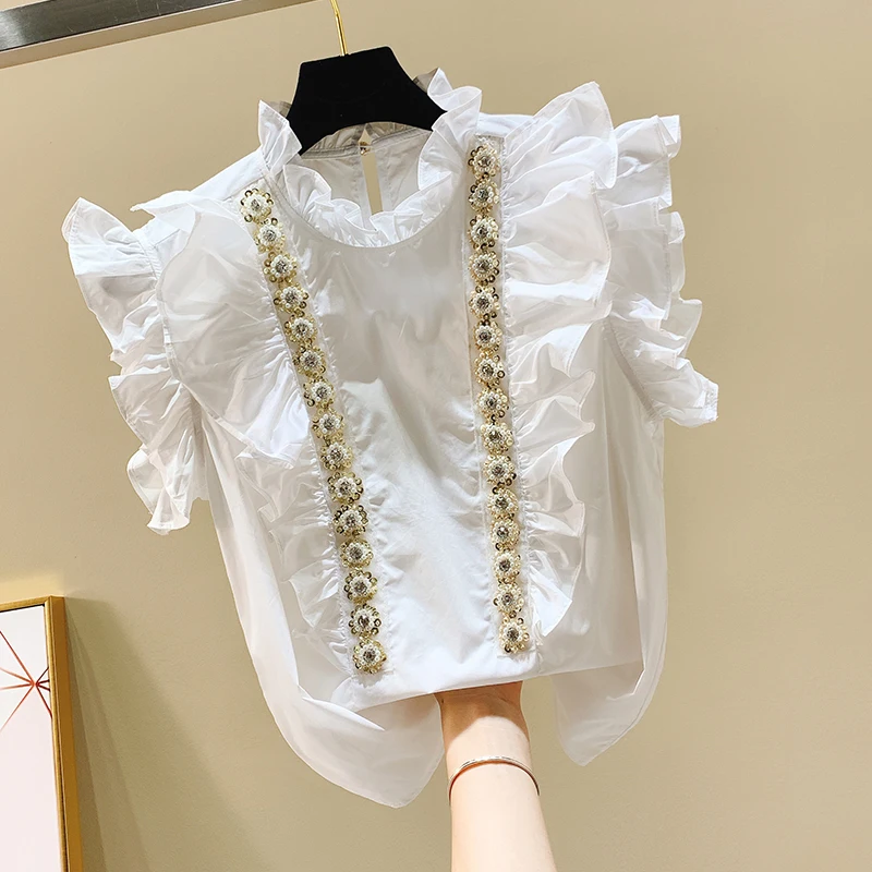 

2019 New Spring and Summer Women's Sleeveless White Shirt Sweet Beaded Chiffon Blouse All-match Ladies Tops
