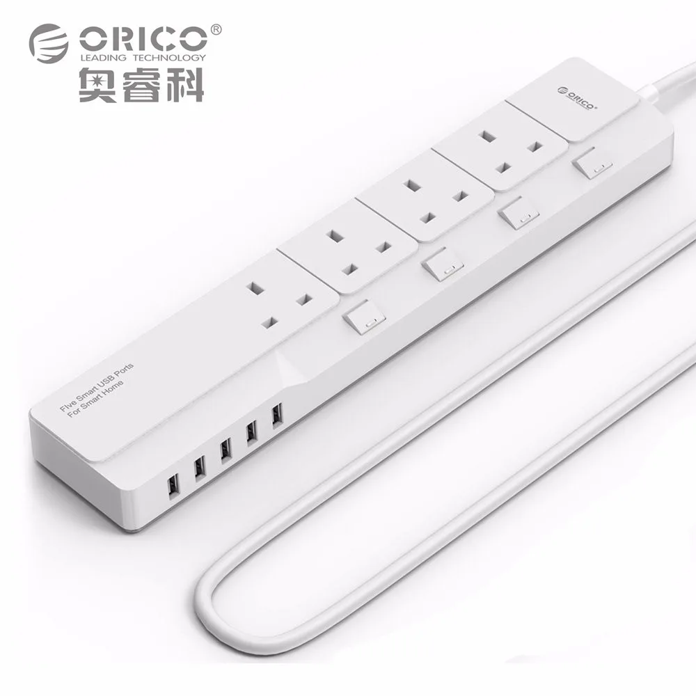 ORICO OSJ-4A5U-UK домашний офис UK Сетевой фильтр с 5 USB зарядным устройством 4 UK AC Plug мульти-розетка дорожные Силовые полосы 5 футов-белый