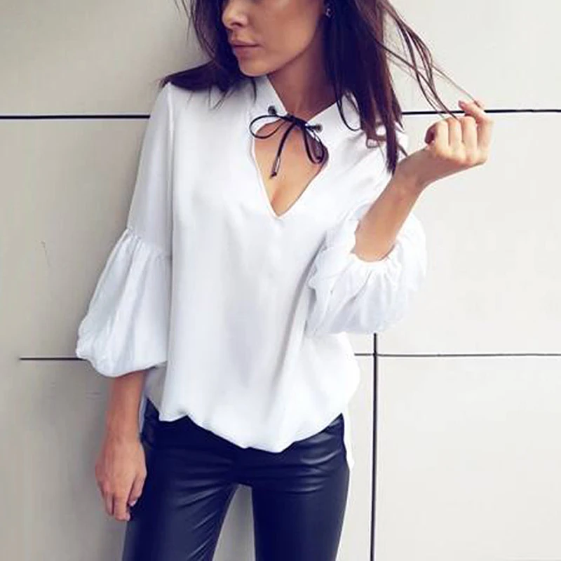 Women's White Chiffon Mesh Lace Blouse Tops Black Lantern